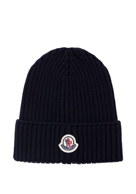 Berretto In Lana a Costine Blu Scuro Con Patch Logo MONCLER ENFANT | 954-3B00009 M1131742